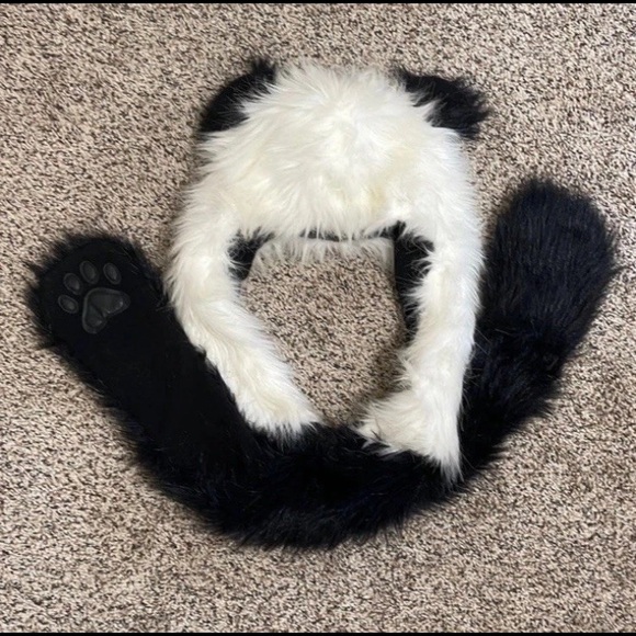 Fuzzy Panda Ears Hooded Scarf Hat w/ Hand Pockets, Fun Festival Fashion Cosplay - Picture 1 of 5